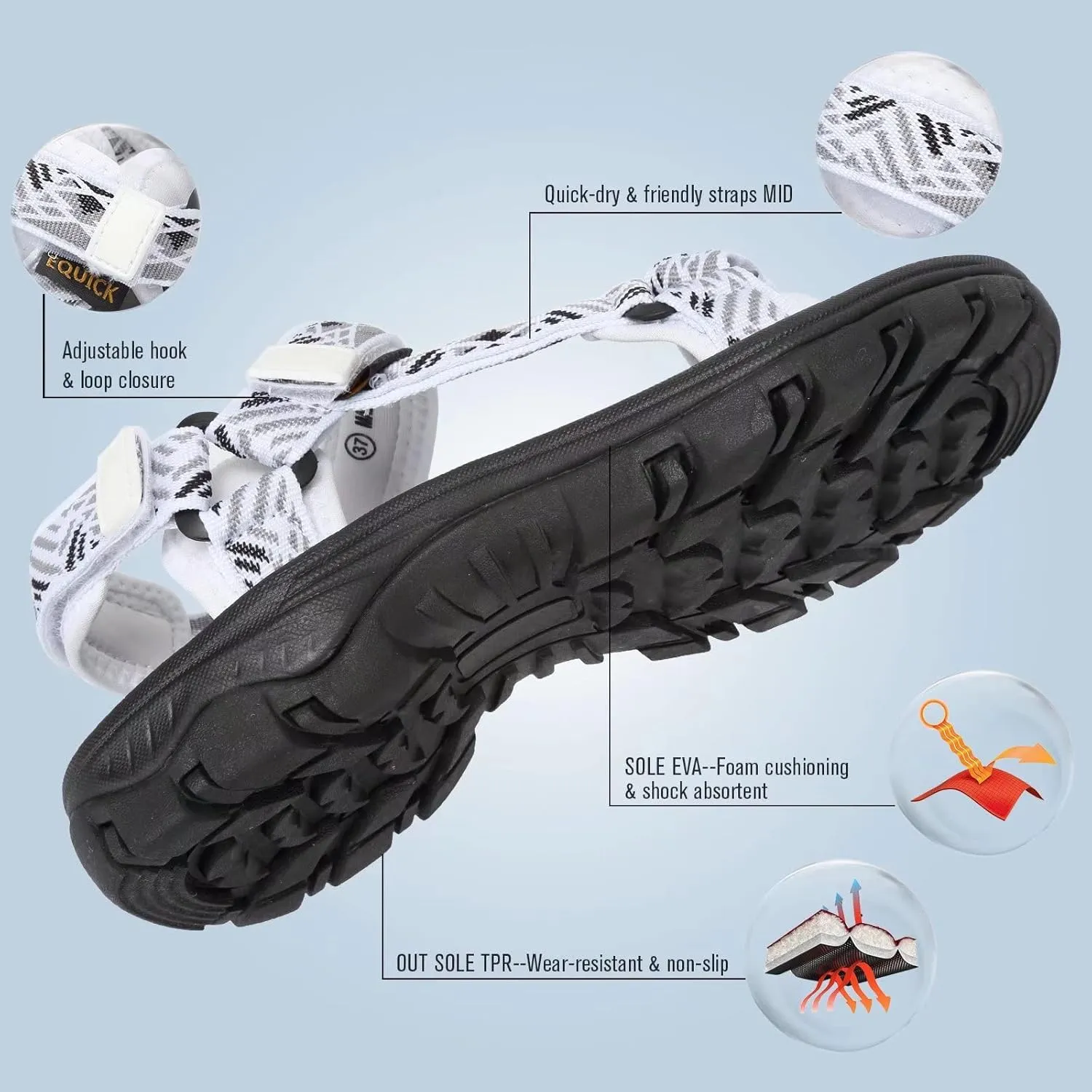 EQUICK Sport Sandals for Women, Open Toe Strap Sandal Anti-skidding Outdoor Water Sandals Comfortable Athletic Sandals for Beach
