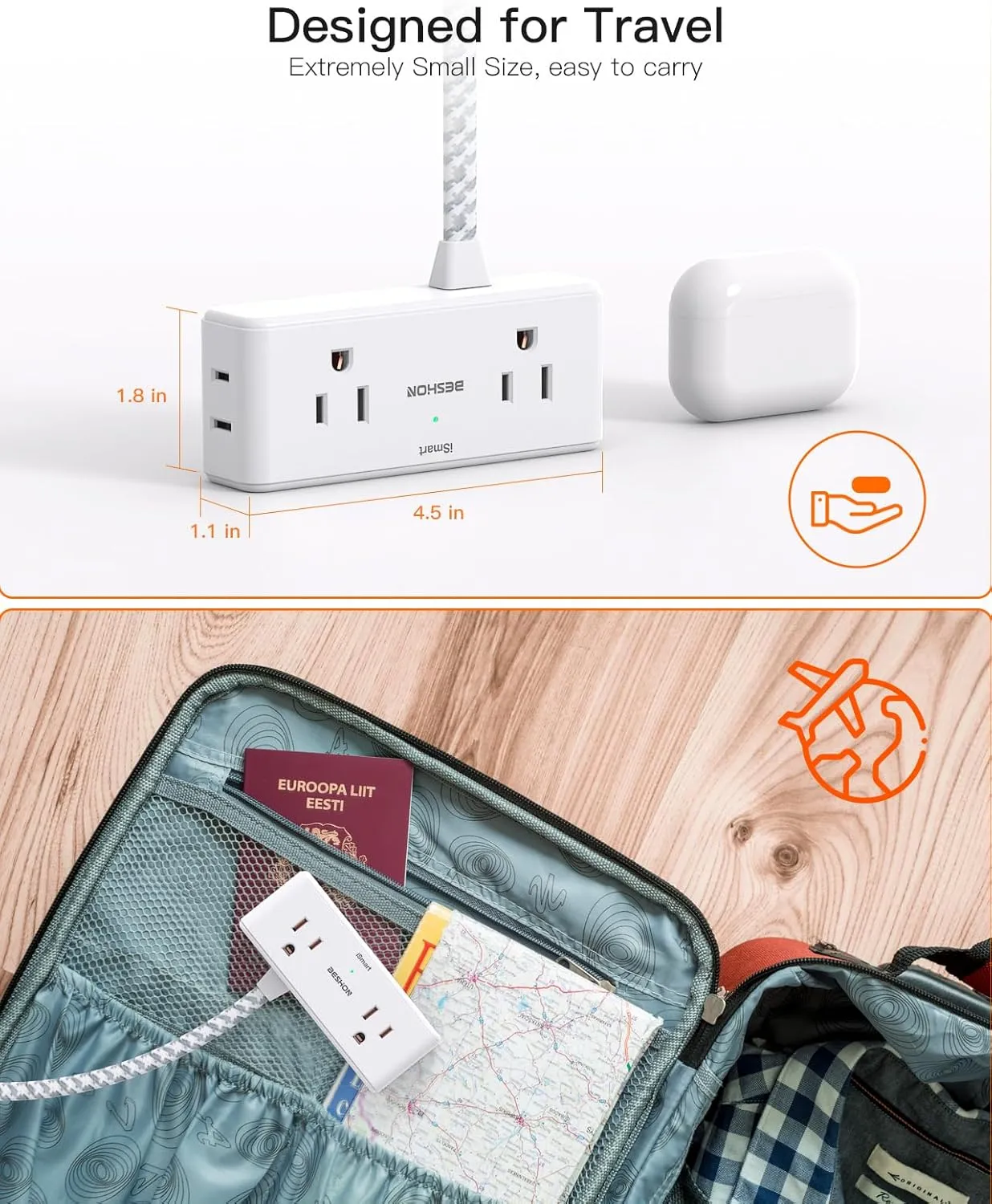 Extension Cord 15 ft, BESHON Flat Plug Power Strip, Long Power Strip, 4 Widely Outlets with 3 USB Ports (2 USB C), Extension Cord with Multiple Outlets for Home, Office, Dorm Room Essentials