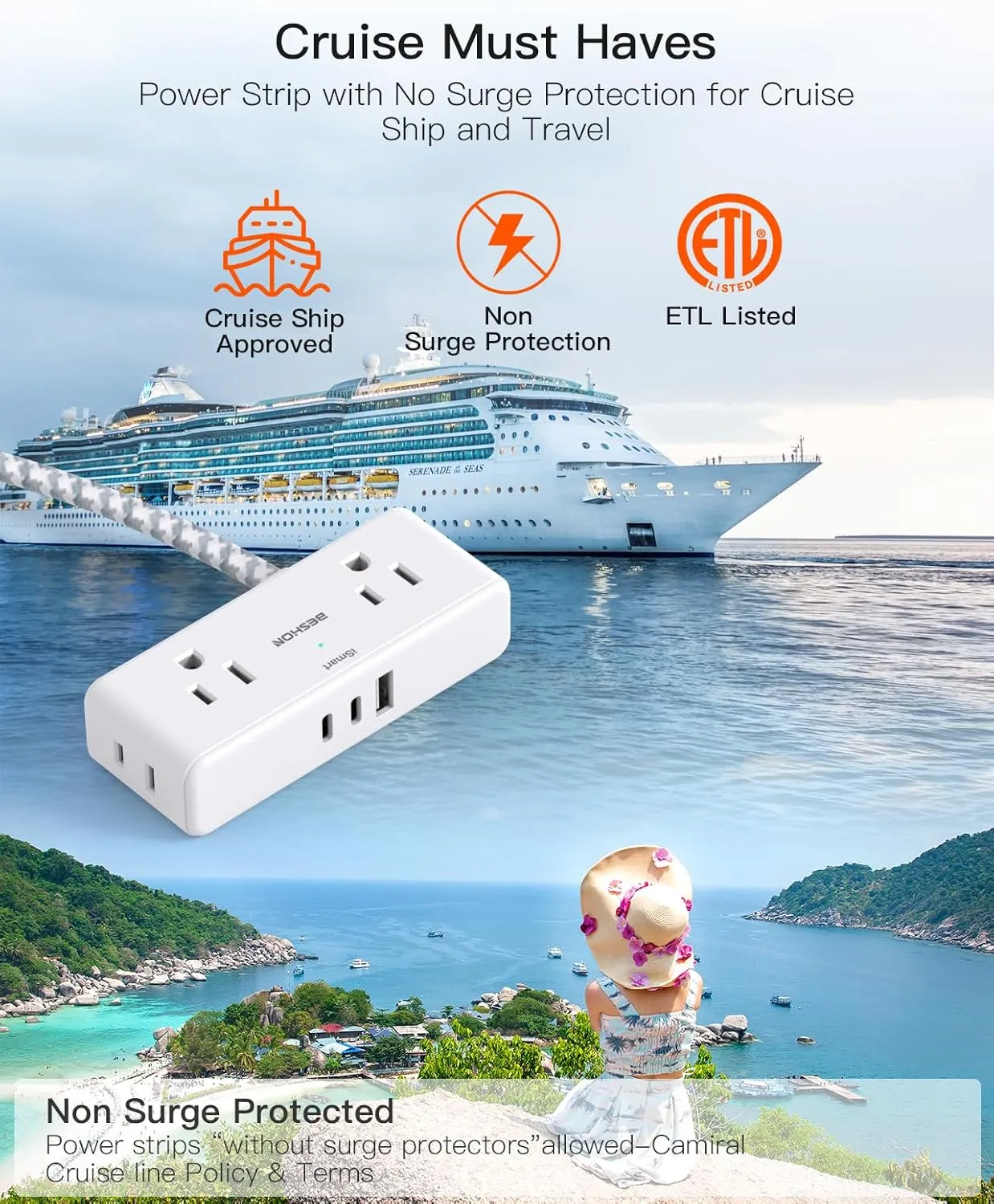 Extension Cord 15 ft, BESHON Flat Plug Power Strip, Long Power Strip, 4 Widely Outlets with 3 USB Ports (2 USB C), Extension Cord with Multiple Outlets for Home, Office, Dorm Room Essentials