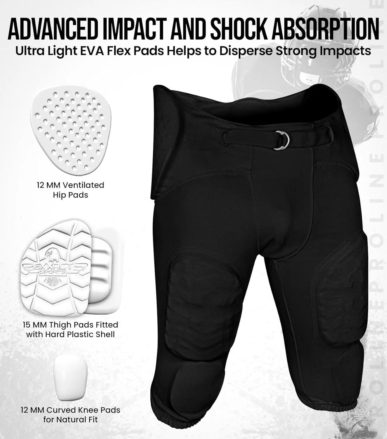 Exxact Sports Proline Youth Integrated Football Pants with 7 Flex Pads, Lightweight Football Practice Pants for Protection