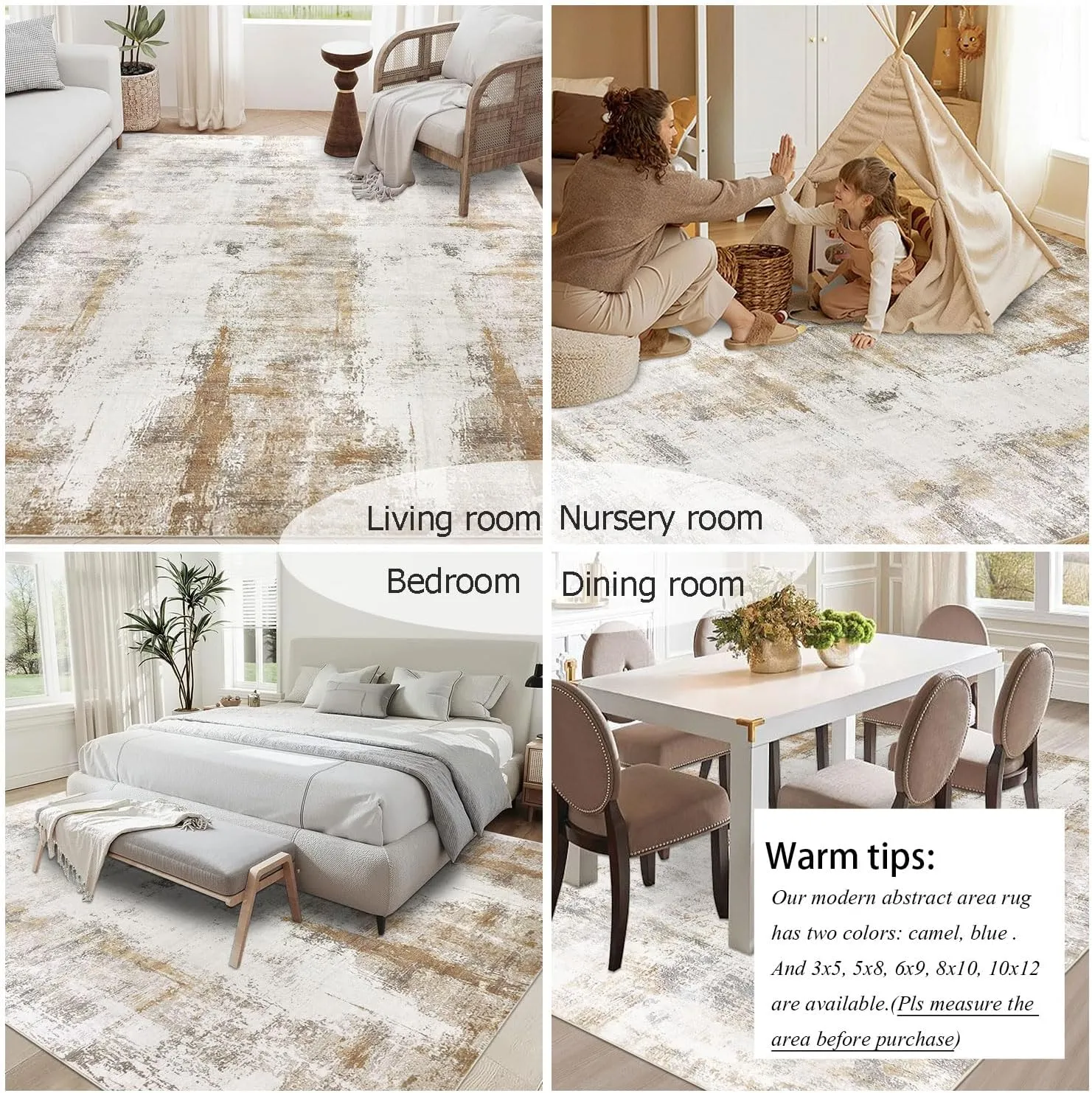 famibay 10x14 Area Rugs, Machine Washable Area Rug Large Modern Living Room Carpet Low Pile Faux Wool Pet Friendly Abstract Carpet for Living Room(Beige/Camel)