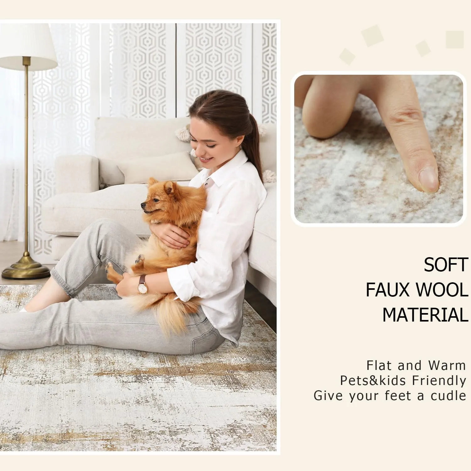 famibay 10x14 Area Rugs, Machine Washable Area Rug Large Modern Living Room Carpet Low Pile Faux Wool Pet Friendly Abstract Carpet for Living Room(Beige/Camel)