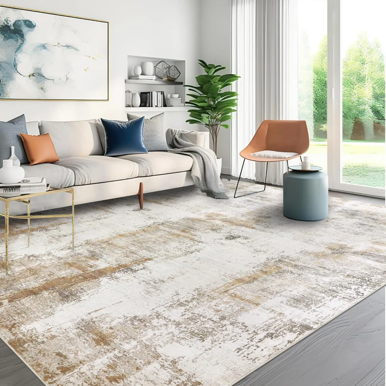 famibay 10x14 Area Rugs, Machine Washable Area Rug Large Modern Living Room Carpet Low Pile Faux Wool Pet Friendly Abstract Carpet for Living Room(Beige/Camel)