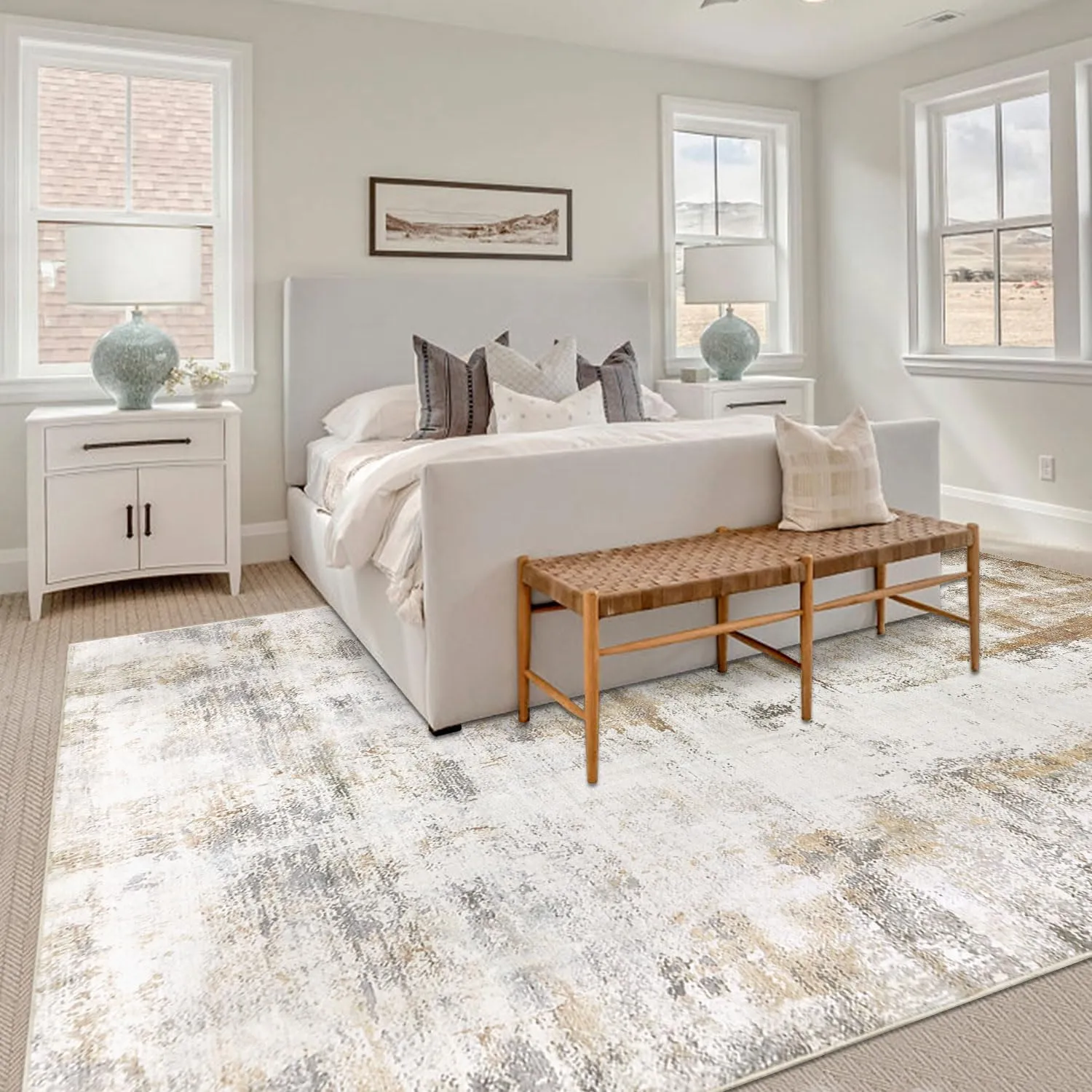 famibay 10x14 Area Rugs, Machine Washable Area Rug Large Modern Living Room Carpet Low Pile Faux Wool Pet Friendly Abstract Carpet for Living Room(Beige/Camel)