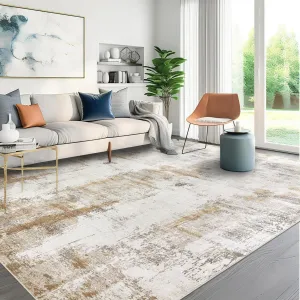 famibay 10x14 Area Rugs, Machine Washable Area Rug Large Modern Living Room Carpet Low Pile Faux Wool Pet Friendly Abstract Carpet for Living Room(Beige/Camel)