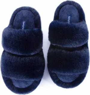 FamilyFairy Women's Fluffy Faux Fur Slippers Comfy Open Toe Two Band Slides with Fleece Lining and Rubber Sole