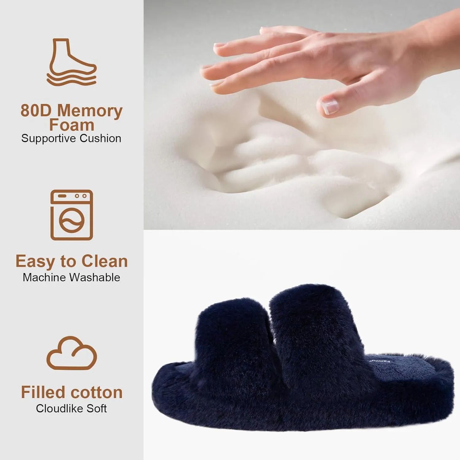 FamilyFairy Women's Fluffy Faux Fur Slippers Comfy Open Toe Two Band Slides with Fleece Lining and Rubber Sole