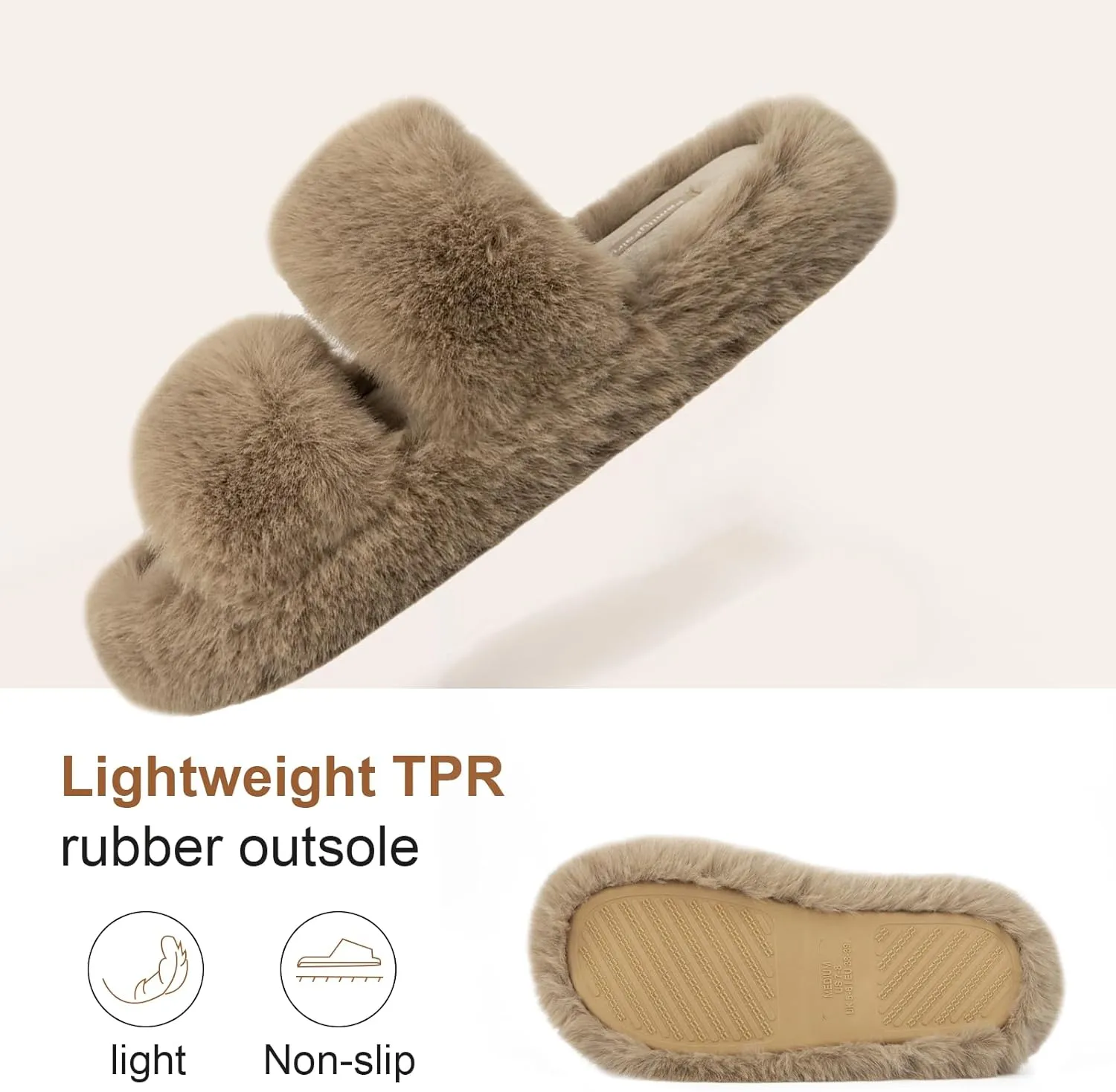 FamilyFairy Women's Fluffy Faux Fur Slippers Comfy Open Toe Two Band Slides with Fleece Lining and Rubber Sole