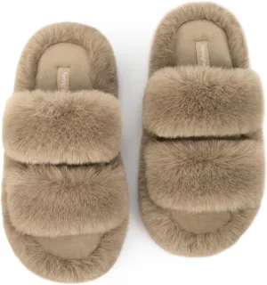 FamilyFairy Women's Fluffy Faux Fur Slippers Comfy Open Toe Two Band Slides with Fleece Lining and Rubber Sole