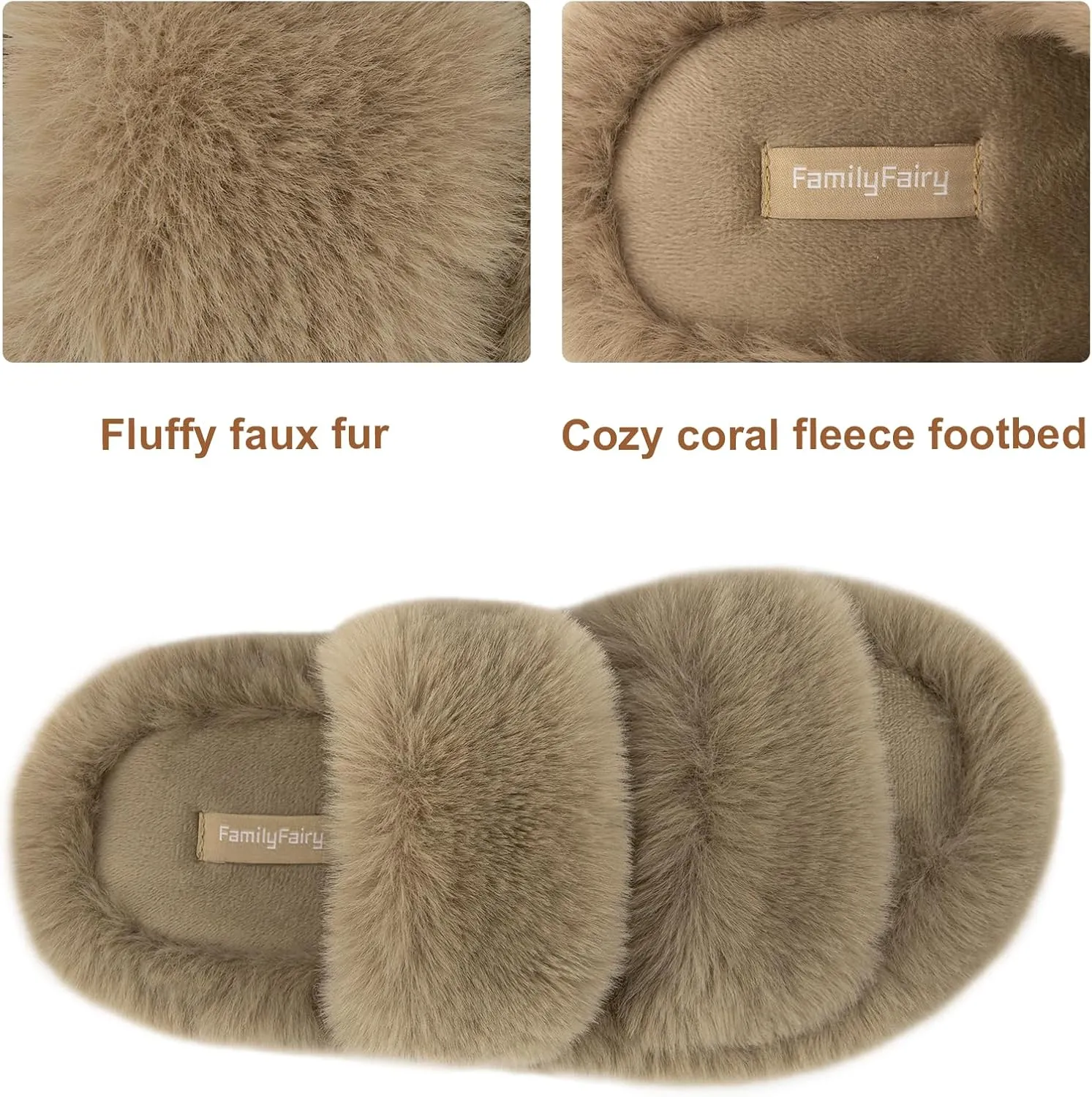 FamilyFairy Women's Fluffy Faux Fur Slippers Comfy Open Toe Two Band Slides with Fleece Lining and Rubber Sole