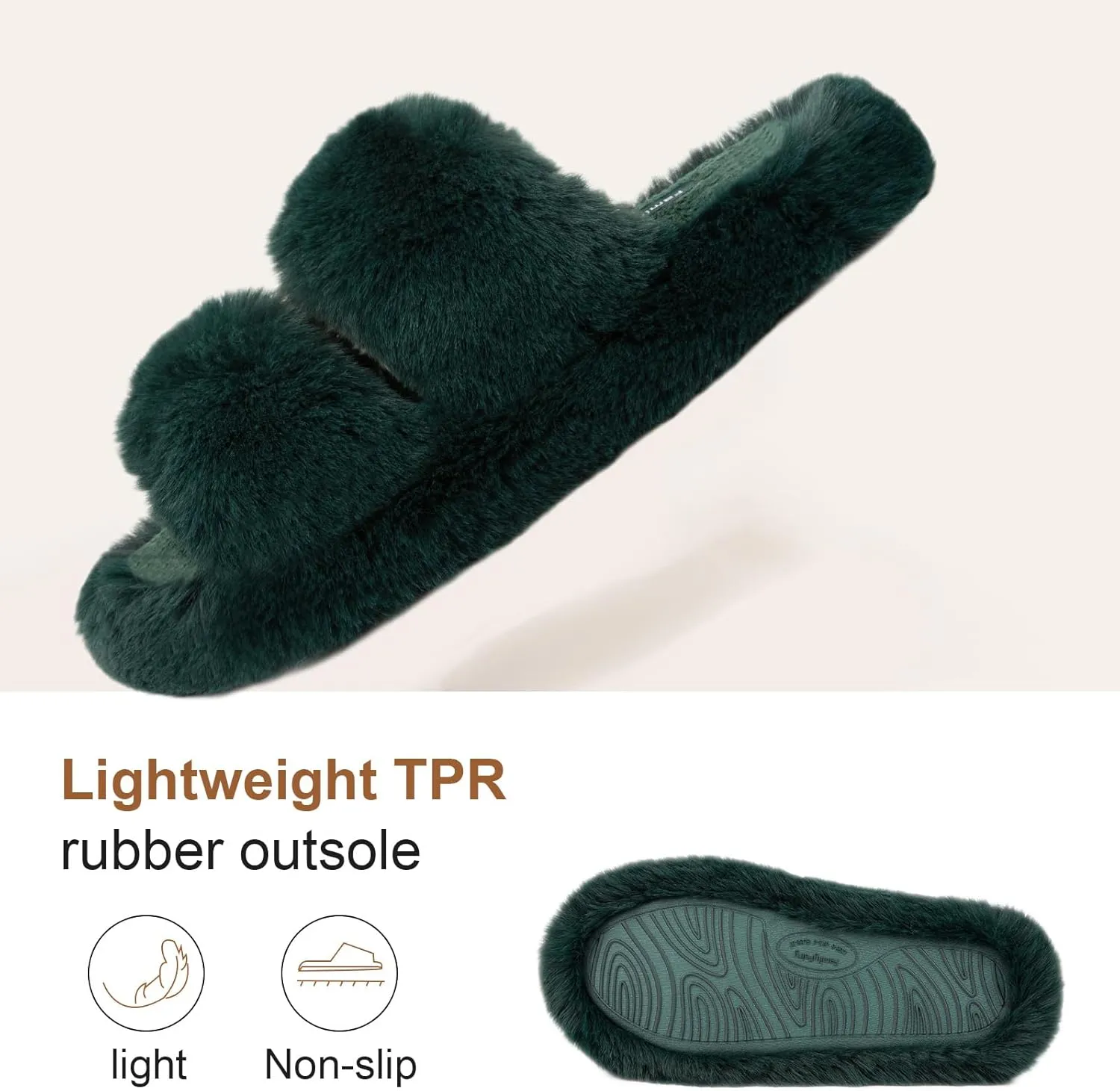 FamilyFairy Women's Fluffy Faux Fur Slippers Comfy Open Toe Two Band Slides with Fleece Lining and Rubber Sole