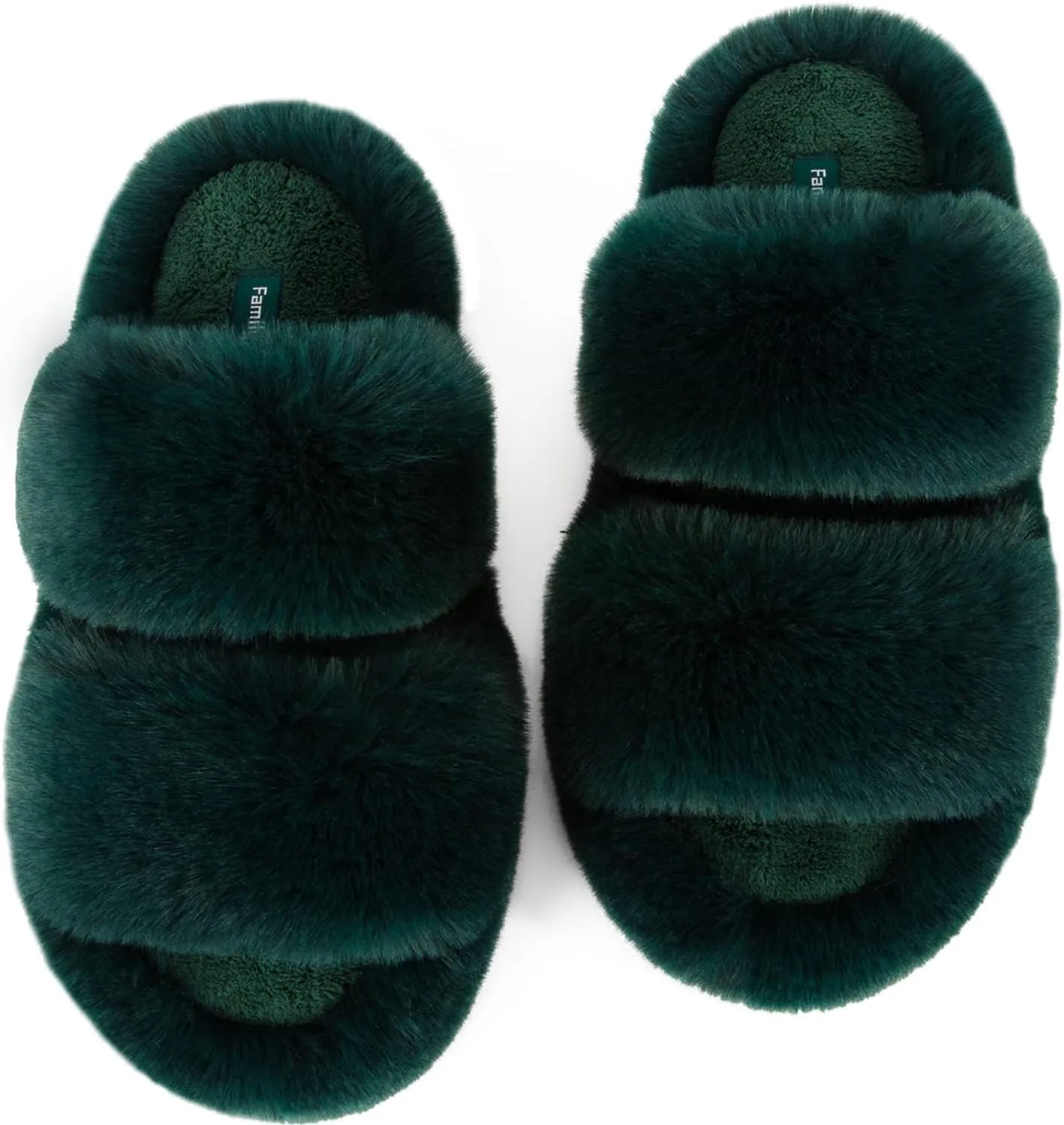 FamilyFairy Women's Fluffy Faux Fur Slippers Comfy Open Toe Two Band Slides with Fleece Lining and Rubber Sole