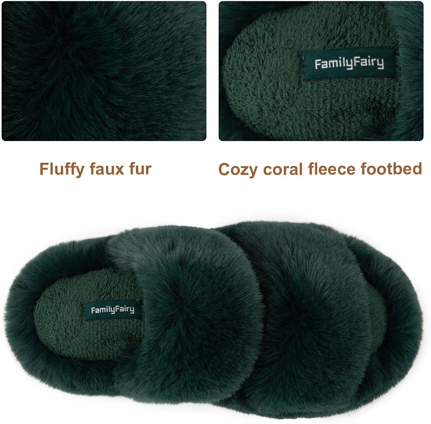 FamilyFairy Women's Fluffy Faux Fur Slippers Comfy Open Toe Two Band Slides with Fleece Lining and Rubber Sole