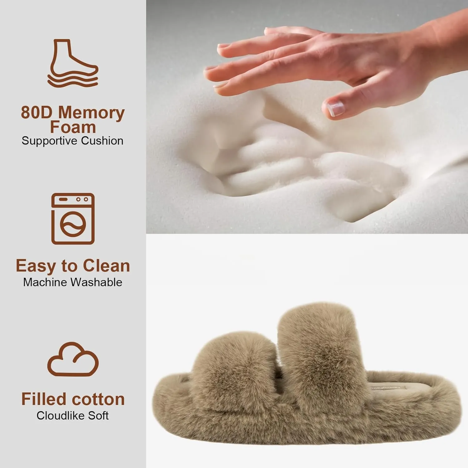 FamilyFairy Women's Fluffy Faux Fur Slippers Comfy Open Toe Two Band Slides with Fleece Lining and Rubber Sole