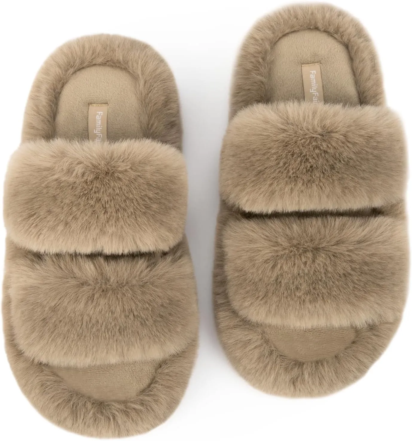 FamilyFairy Women's Fluffy Faux Fur Slippers Comfy Open Toe Two Band Slides with Fleece Lining and Rubber Sole