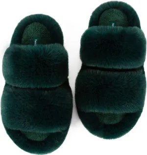 FamilyFairy Women's Fluffy Faux Fur Slippers Comfy Open Toe Two Band Slides with Fleece Lining and Rubber Sole