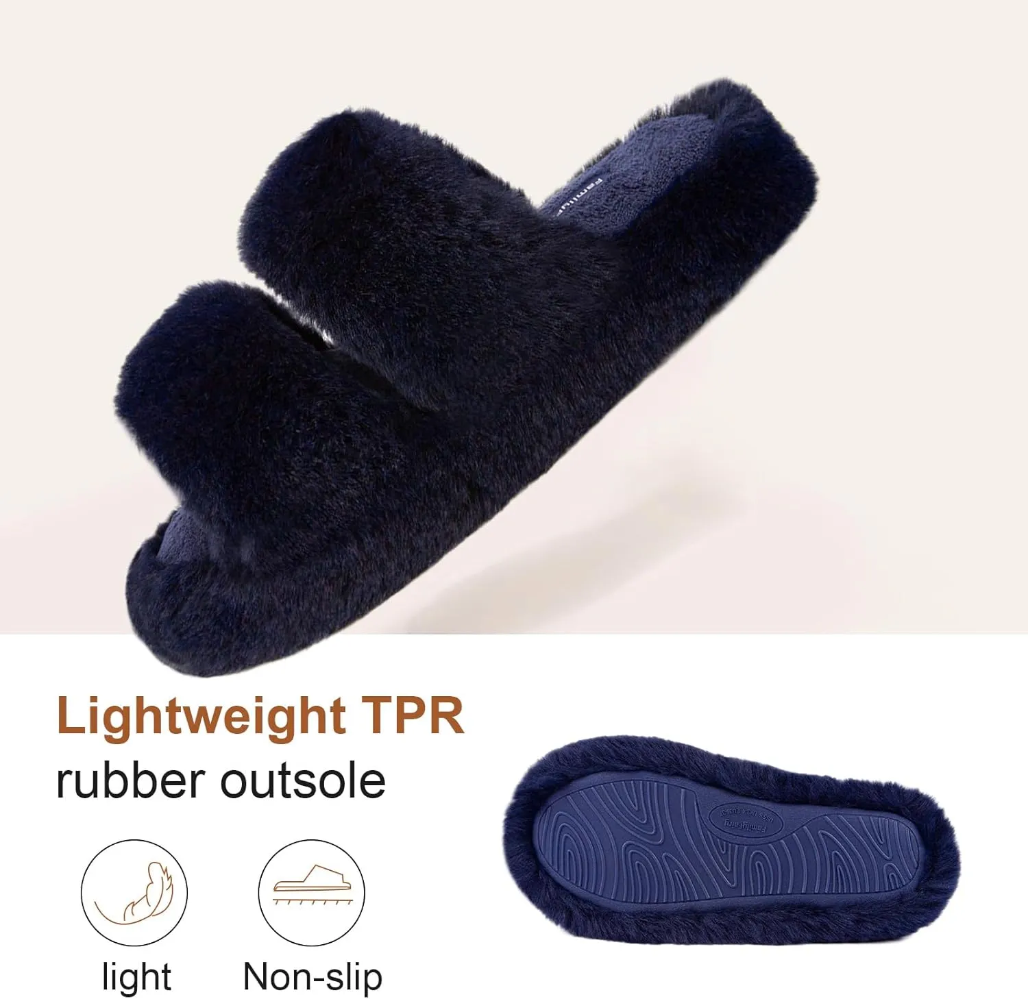 FamilyFairy Women's Fluffy Faux Fur Slippers Comfy Open Toe Two Band Slides with Fleece Lining and Rubber Sole