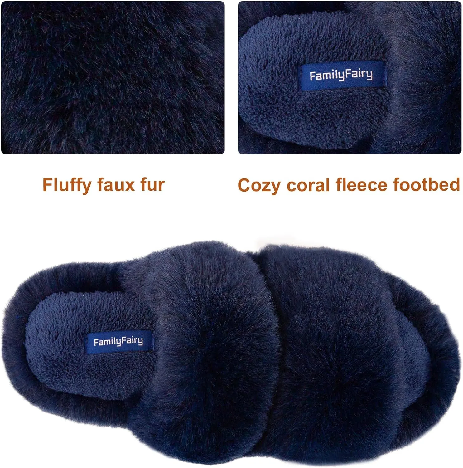 FamilyFairy Women's Fluffy Faux Fur Slippers Comfy Open Toe Two Band Slides with Fleece Lining and Rubber Sole