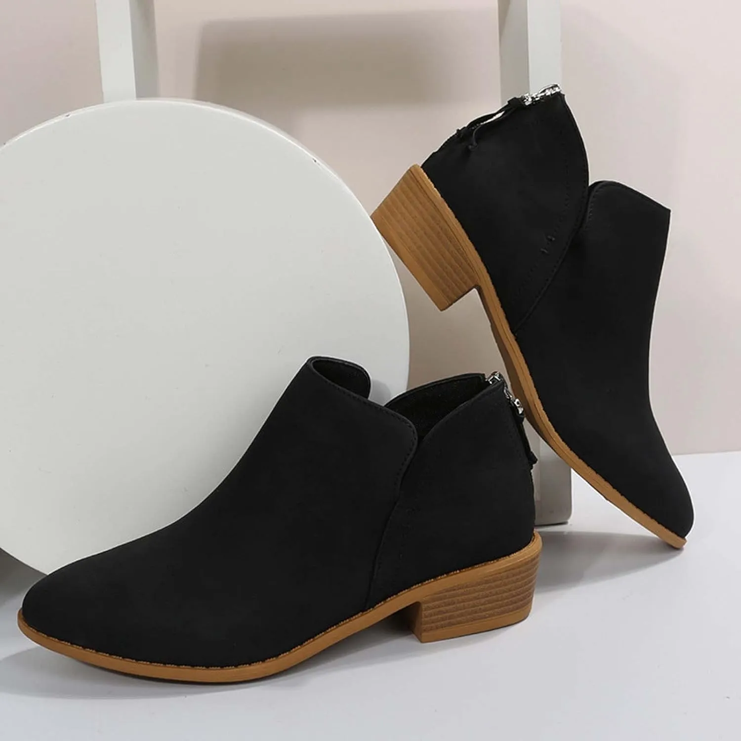 Fashion Boots for Women Chunky Heel Pointed Toe V Cutout Back Zipper Block Low Heel Ankle Booties Fall Solid Casual Comfy Outdoor Ladies Shoes
