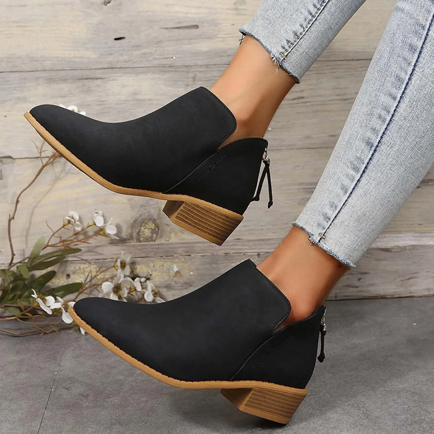 Fashion Boots for Women Chunky Heel Pointed Toe V Cutout Back Zipper Block Low Heel Ankle Booties Fall Solid Casual Comfy Outdoor Ladies Shoes