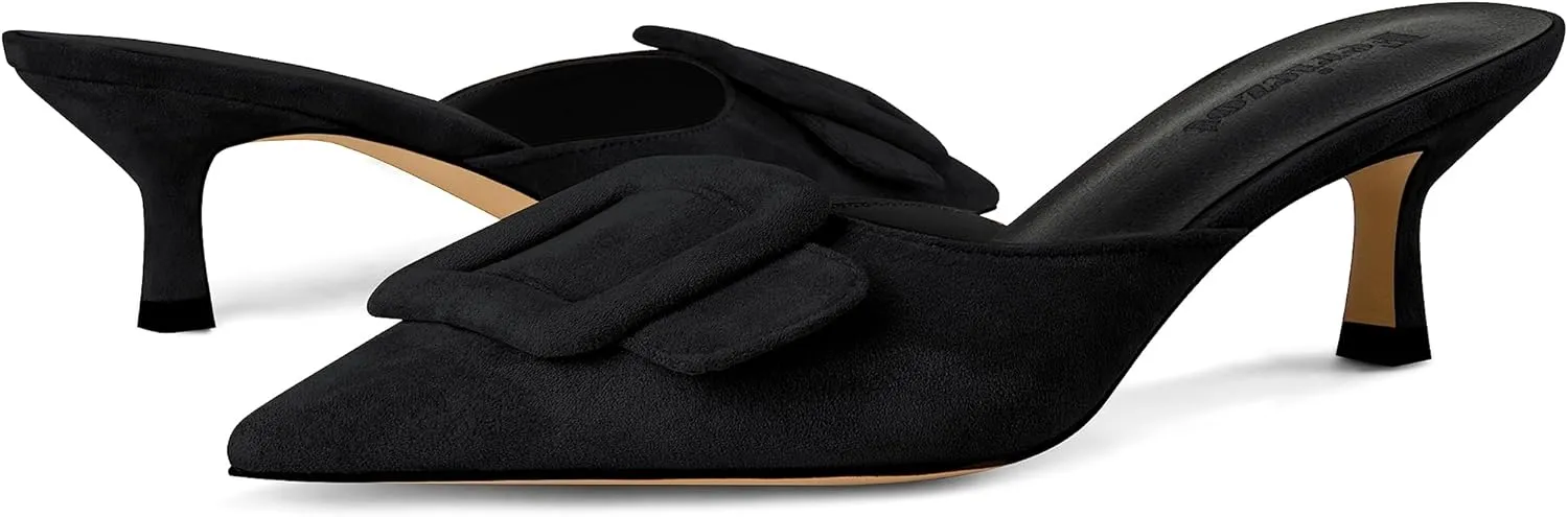 Fericzot Mule Slippers for Women,Slingback Buckle Pumps Pointed Toe Kitten Heels Shoes Slides Backless Dress Sandals