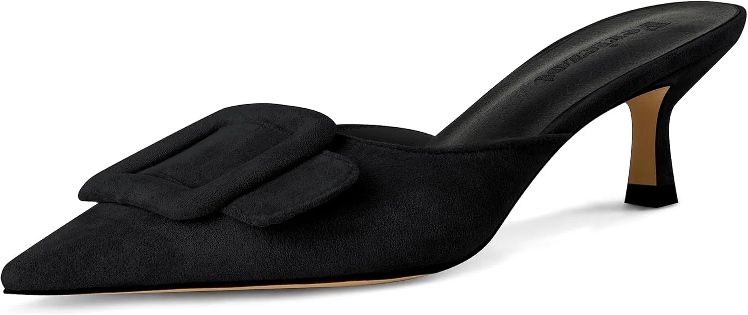 Fericzot Mule Slippers for Women,Slingback Buckle Pumps Pointed Toe Kitten Heels Shoes Slides Backless Dress Sandals