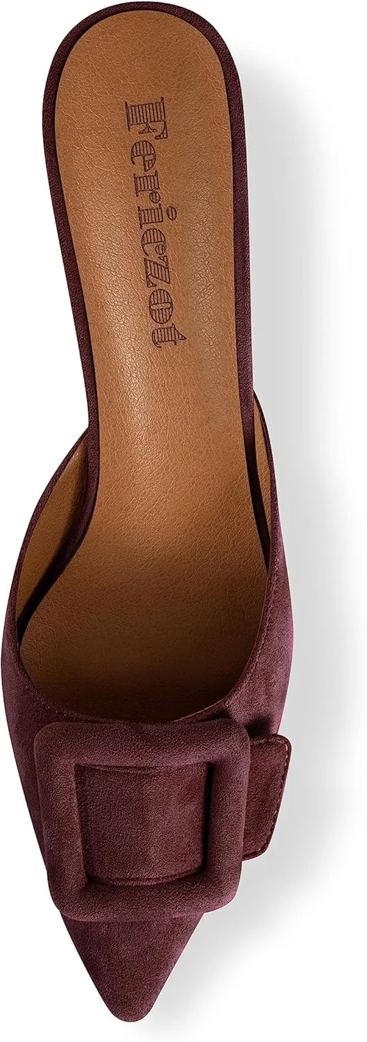 Fericzot Mule Slippers for Women,Slingback Buckle Pumps Pointed Toe Kitten Heels Shoes Slides Backless Dress Sandals