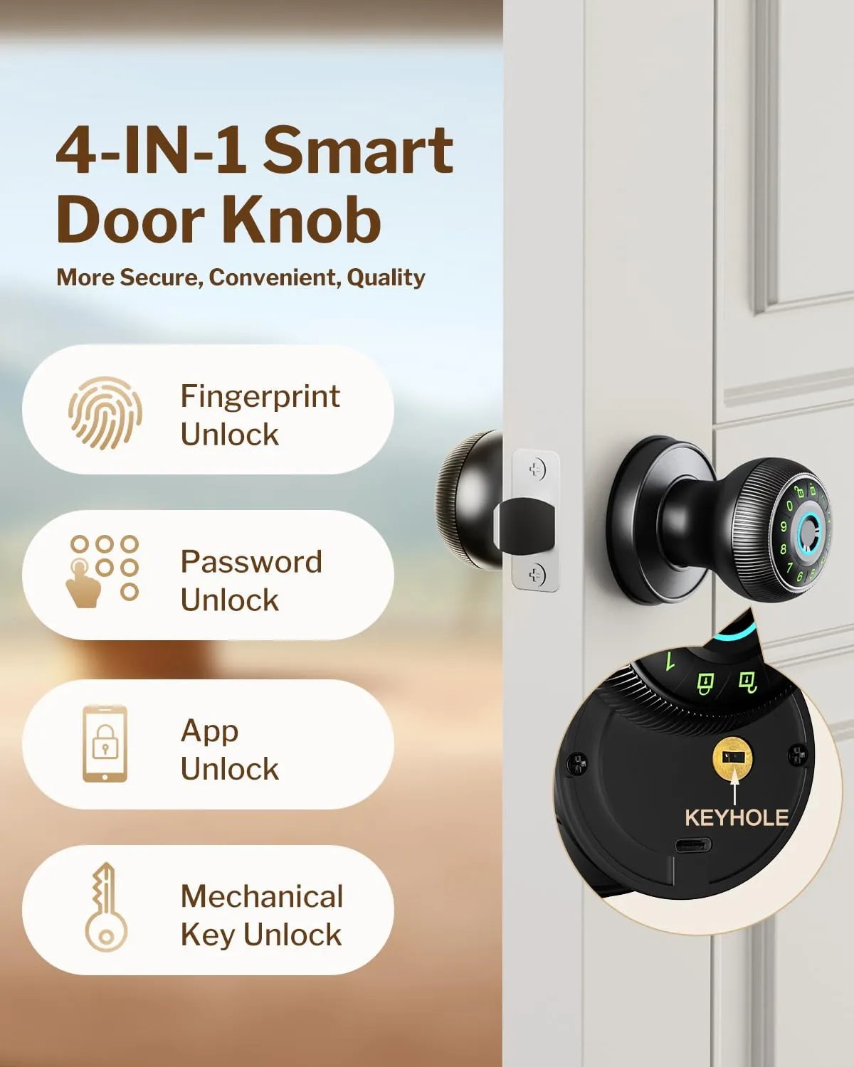 Fingerprint Door Lock - Smart Door Knob with Passcode Keypad, Finger Print Biometric Door Knobs & App Control, Keyless Smart Door Lock for Apartment Bedroom Hotel Office (Black)