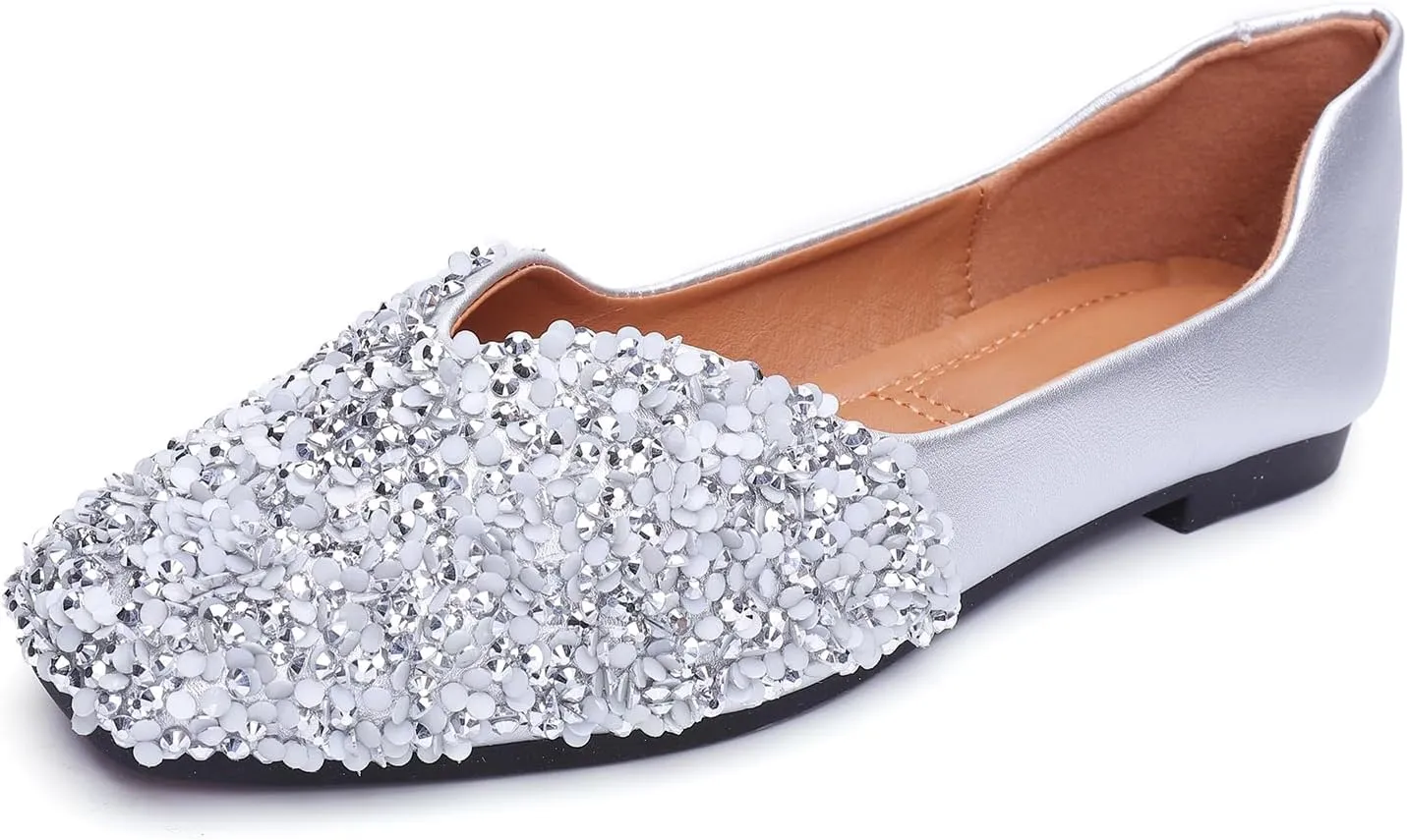 Flats Shoes Women Rhinestone Square Fashion Ballet Flats Wedding Flats for Women Comfortable Slip on Low Heel Dress Shoes