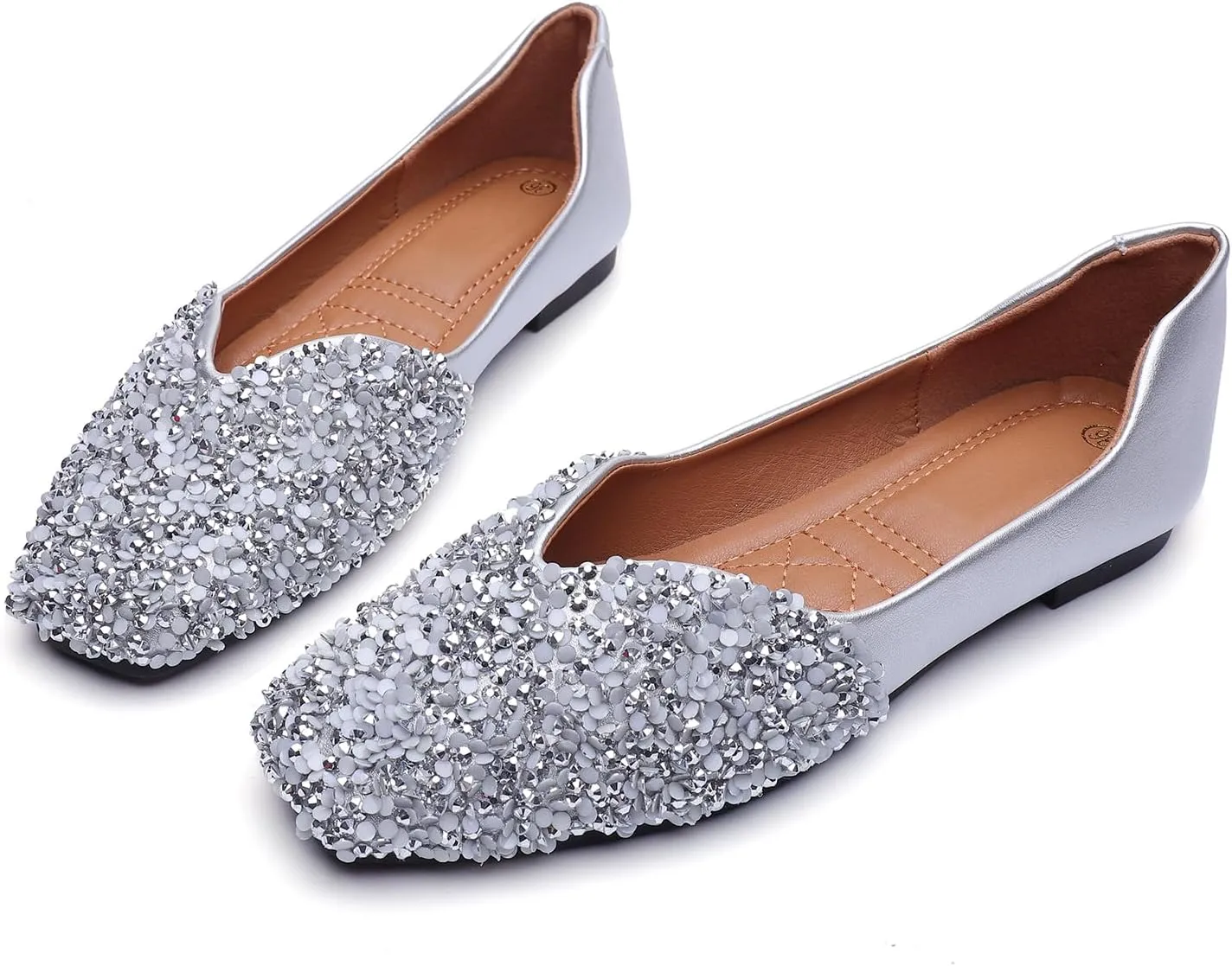 Flats Shoes Women Rhinestone Square Fashion Ballet Flats Wedding Flats for Women Comfortable Slip on Low Heel Dress Shoes