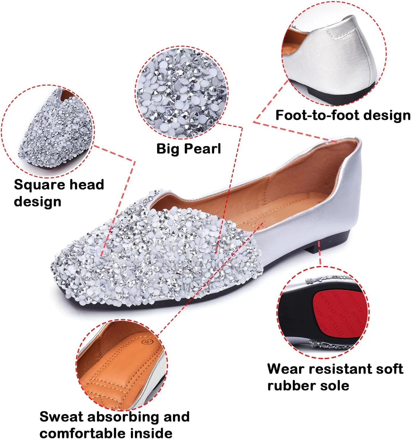 Flats Shoes Women Rhinestone Square Fashion Ballet Flats Wedding Flats for Women Comfortable Slip on Low Heel Dress Shoes