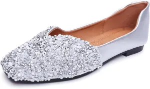Flats Shoes Women Rhinestone Square Fashion Ballet Flats Wedding Flats for Women Comfortable Slip on Low Heel Dress Shoes