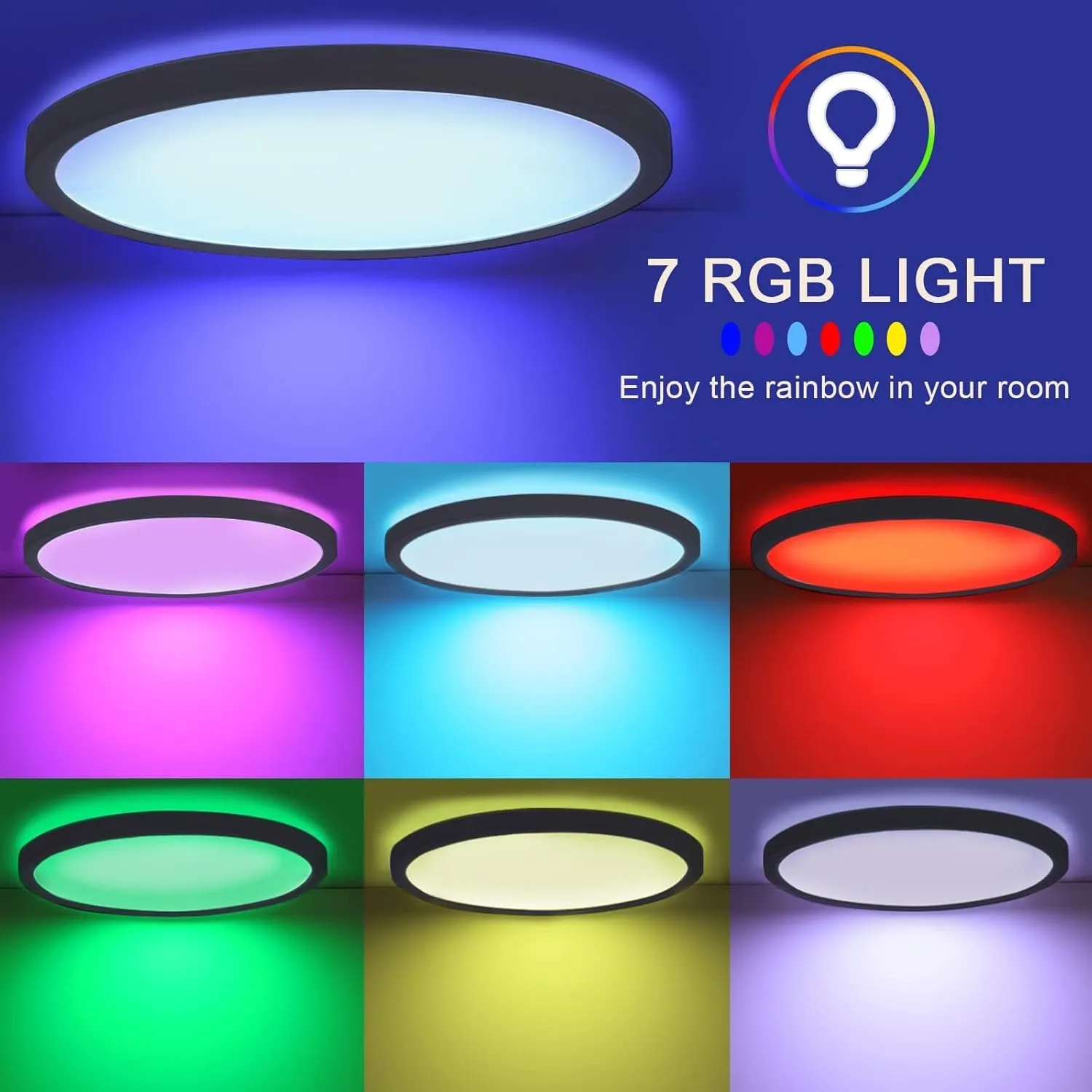 Flush Mount LED Ceiling Light Dimmable with Remote Control, 15.3 Inch 35W RGB Frontlight Close to Ceiling Light Fixture 3000-6500K, Modern Ultra-Thin Round Ceiling Lamp, for Bedroom