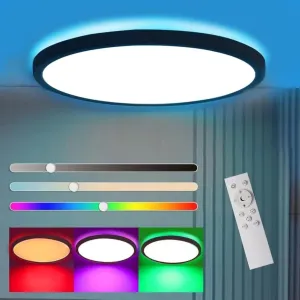 Flush Mount LED Ceiling Light Dimmable with Remote Control, 15.3 Inch 35W RGB Frontlight Close to Ceiling Light Fixture 3000-6500K, Modern Ultra-Thin Round Ceiling Lamp, for Bedroom