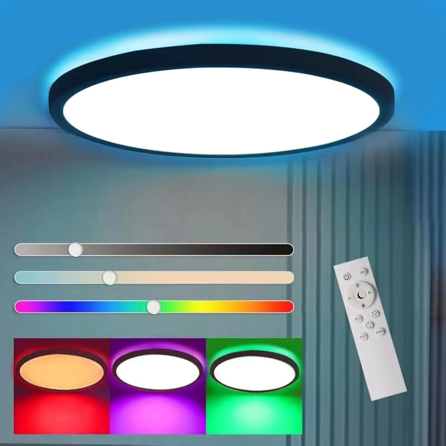 Flush Mount LED Ceiling Light Dimmable with Remote Control, 15.3 Inch 35W RGB Frontlight Close to Ceiling Light Fixture 3000-6500K, Modern Ultra-Thin Round Ceiling Lamp, for Bedroom