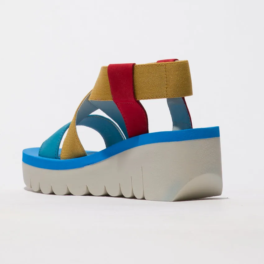 Fly London YAB1922 Cupido Red/Yellow/Azure Wedge sandal. Only size 8 left