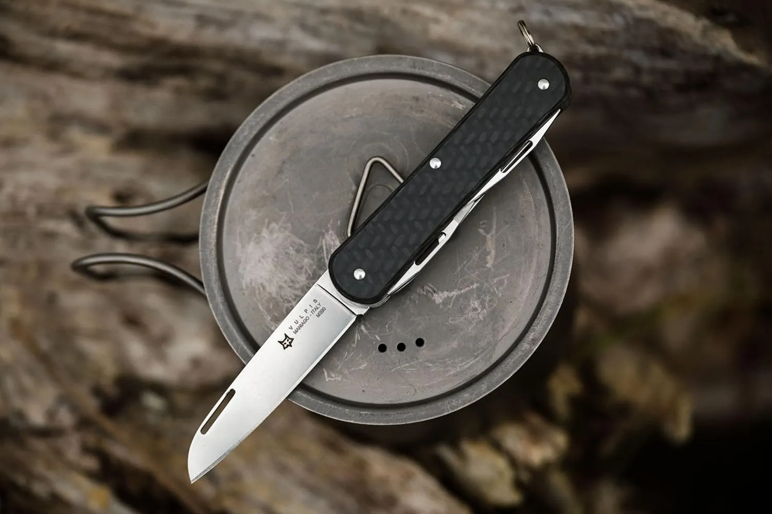 Fox Knives Vulpis FX-VP130-F4 Slipjoint Folding Knife 4-in-1 Multitool 2.17in Blade, Bottle Opener, Can Opener, Flat Head Screwdriver, Scissors - Compact Versatile Pocket Knife (Carbon Fiber)