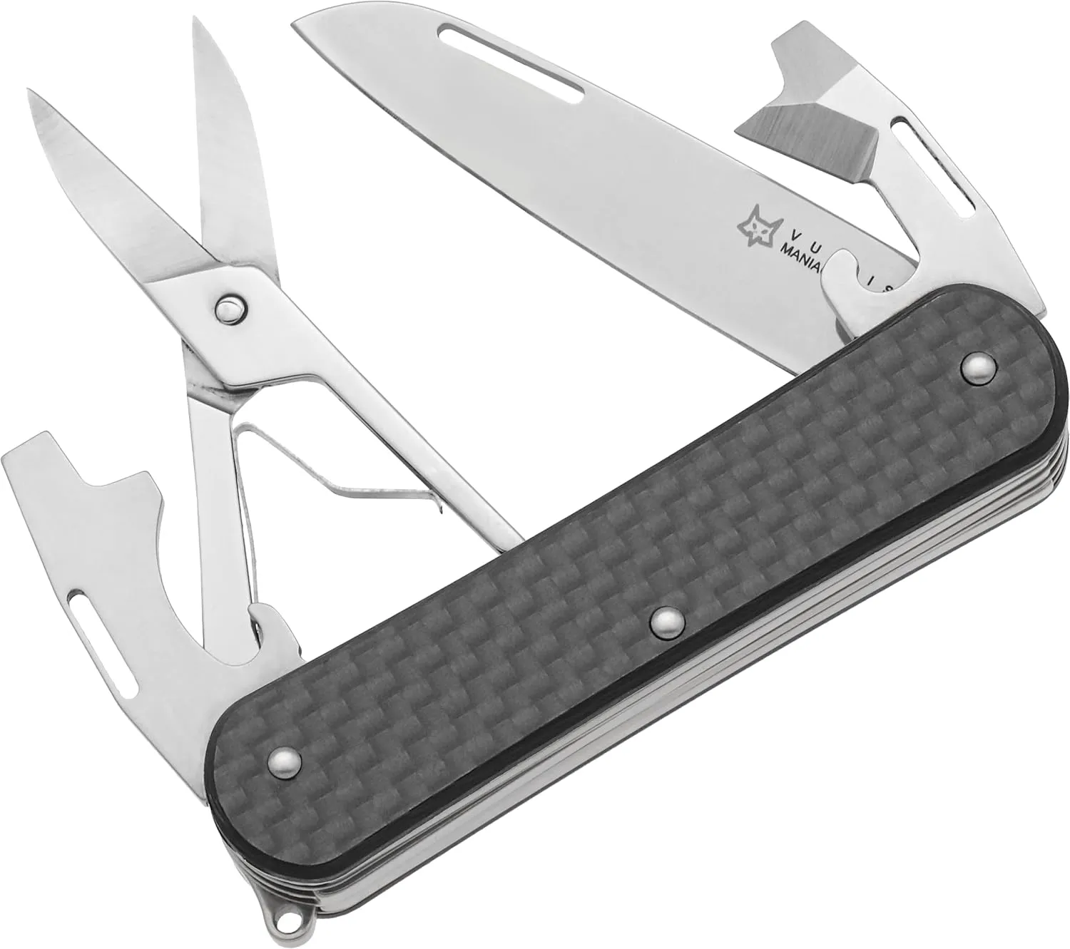 Fox Knives Vulpis FX-VP130-F4 Slipjoint Folding Knife 4-in-1 Multitool 2.17in Blade, Bottle Opener, Can Opener, Flat Head Screwdriver, Scissors - Compact Versatile Pocket Knife (Carbon Fiber)