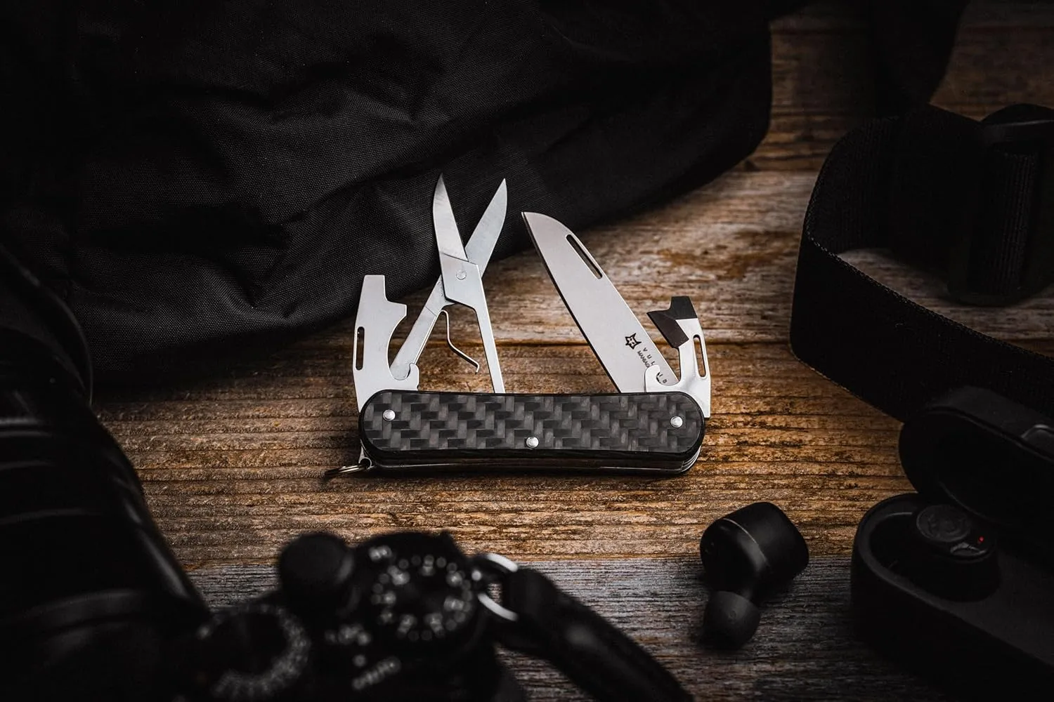 Fox Knives Vulpis FX-VP130-F4 Slipjoint Folding Knife 4-in-1 Multitool 2.17in Blade, Bottle Opener, Can Opener, Flat Head Screwdriver, Scissors - Compact Versatile Pocket Knife (Carbon Fiber)