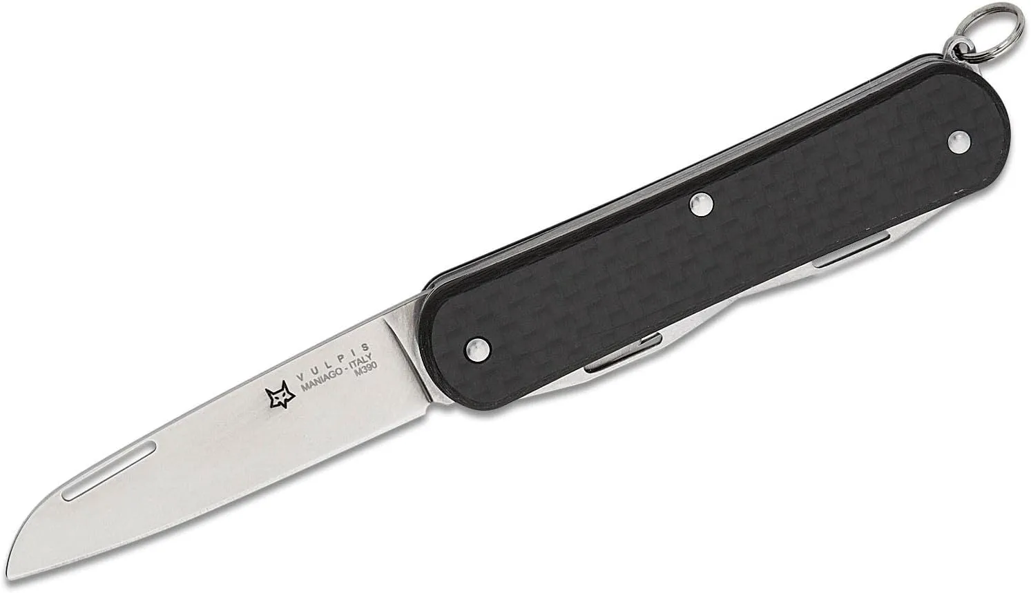 Fox Knives Vulpis FX-VP130-F4 Slipjoint Folding Knife 4-in-1 Multitool 2.17in Blade, Bottle Opener, Can Opener, Flat Head Screwdriver, Scissors - Compact Versatile Pocket Knife (Carbon Fiber)