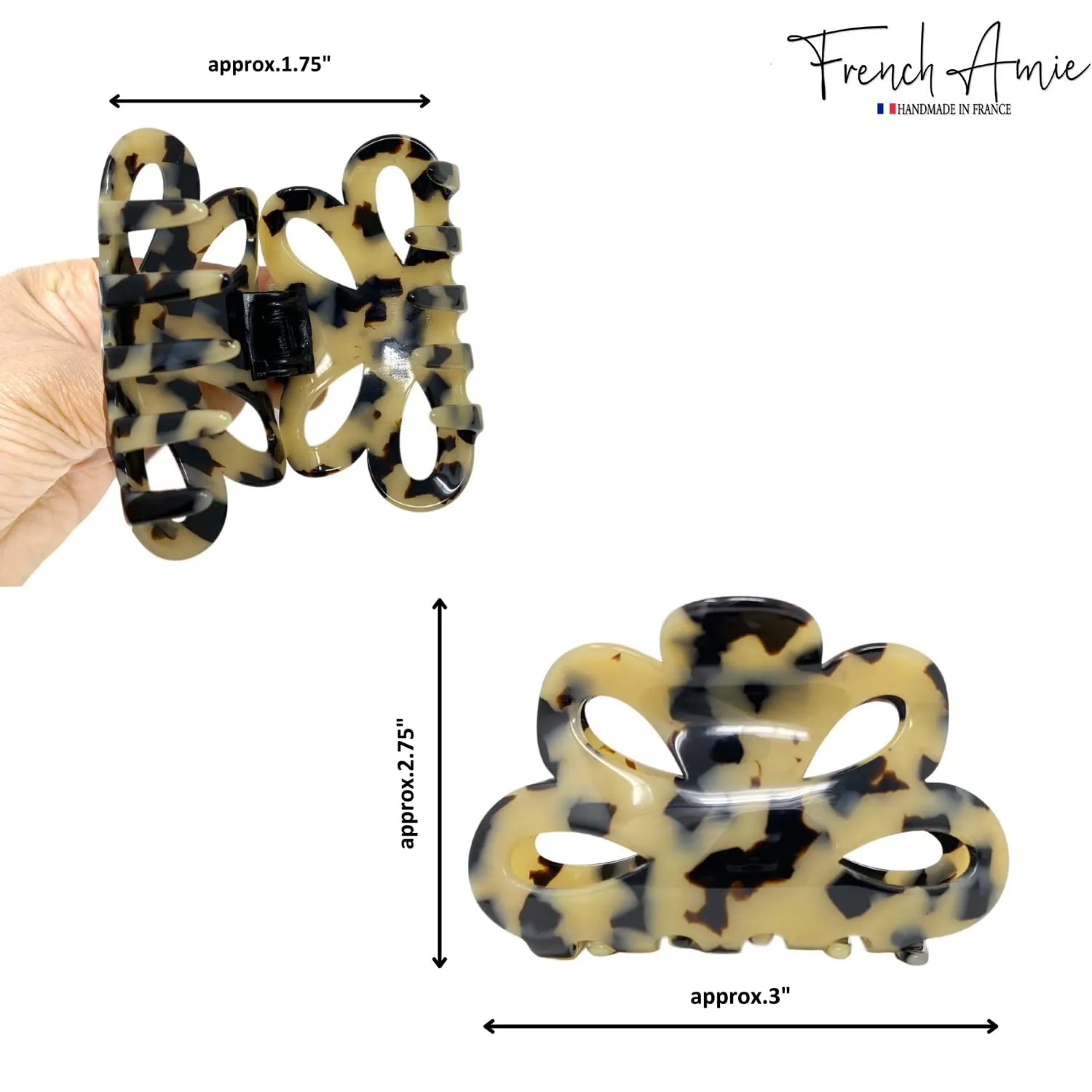 French Amie Flower Bloom White Tokyo 3" Handmade Cellulose Acetate Covered Spring Claw Clips No Slip Grip Hair Clips Claw Clamps for Women and Girls, Made in France (White Tokyo)