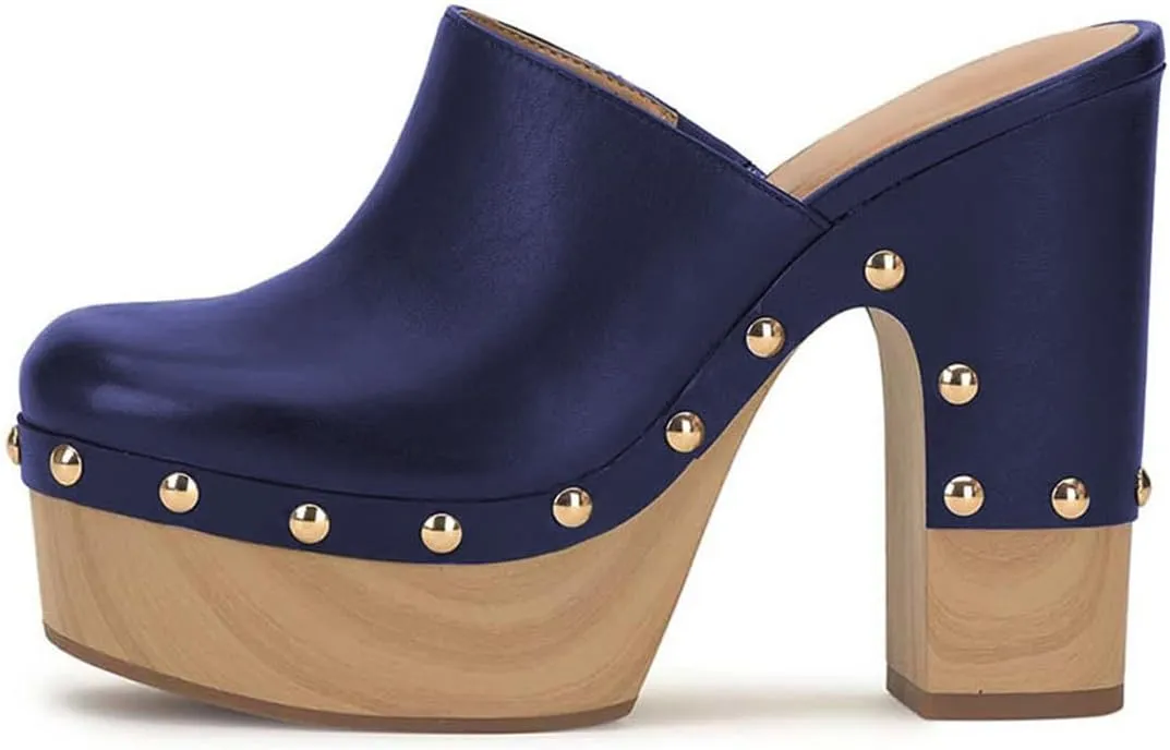 FSJ Women Closed Round Toe Mules High Chunky Heeled Sandals Slip On Platform Wooden Clogs Studs Comfy Dress Shoes Size 4-16 US