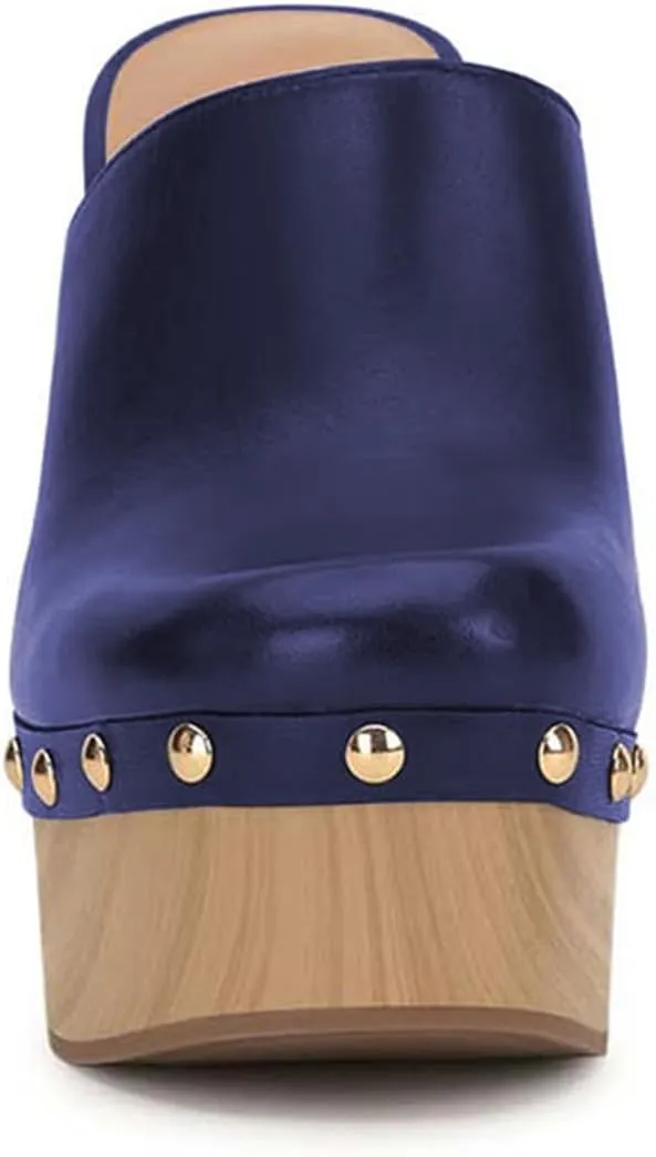 FSJ Women Closed Round Toe Mules High Chunky Heeled Sandals Slip On Platform Wooden Clogs Studs Comfy Dress Shoes Size 4-16 US