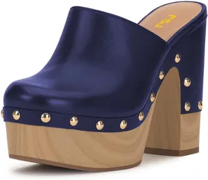 FSJ Women Closed Round Toe Mules High Chunky Heeled Sandals Slip On Platform Wooden Clogs Studs Comfy Dress Shoes Size 4-16 US