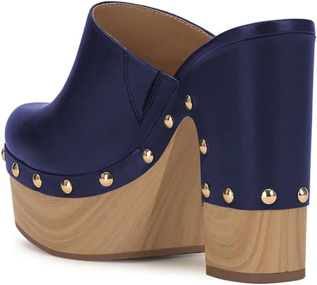 FSJ Women Closed Round Toe Mules High Chunky Heeled Sandals Slip On Platform Wooden Clogs Studs Comfy Dress Shoes Size 4-16 US