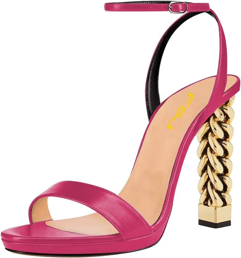 FSJ Women Gold Metal Chain Thick High Heel Sandals Open Toe Strappy Ankle Buckle Strap Slingback Comfy Summer Dress Shoes Silver Black 4-15 US