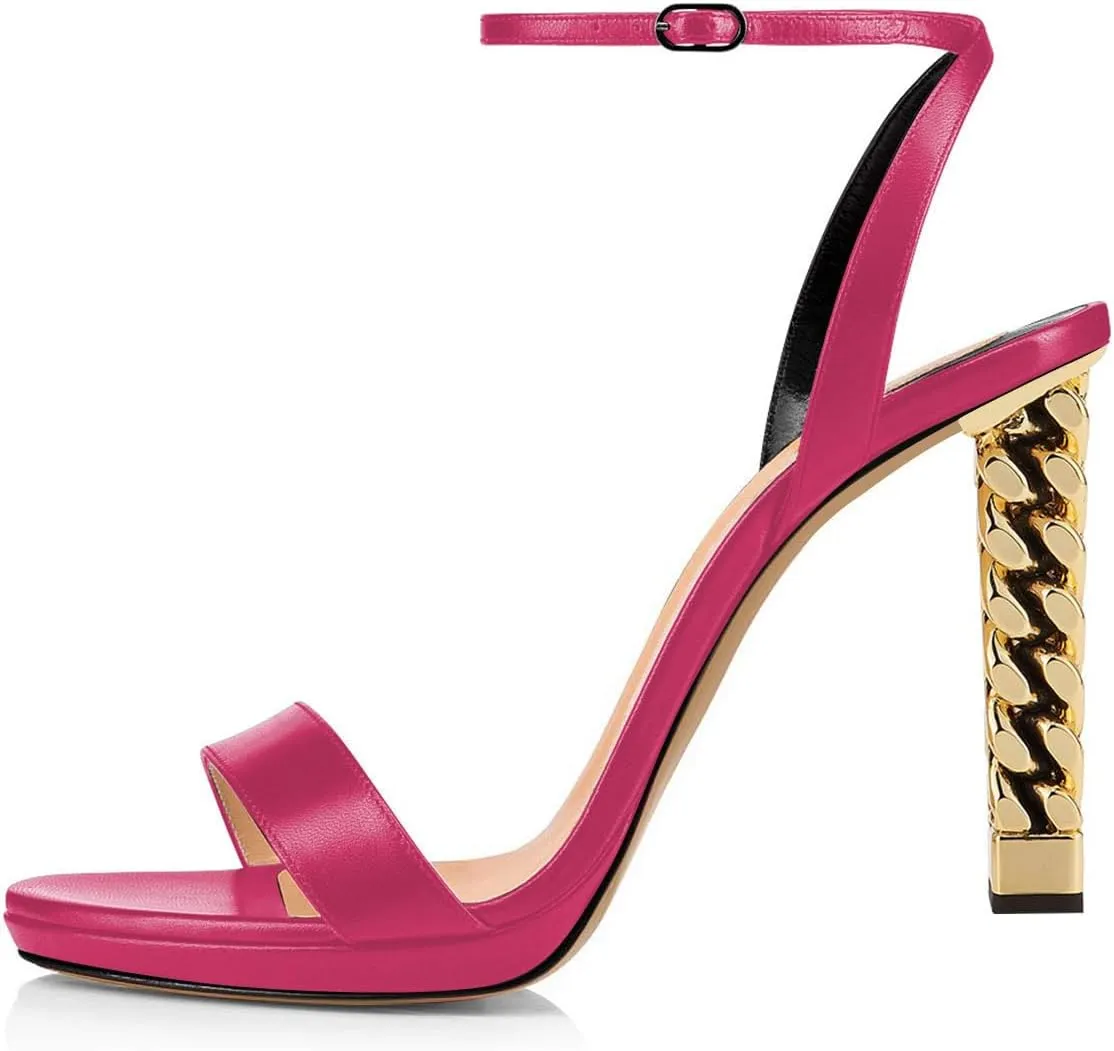 FSJ Women Gold Metal Chain Thick High Heel Sandals Open Toe Strappy Ankle Buckle Strap Slingback Comfy Summer Dress Shoes Silver Black 4-15 US