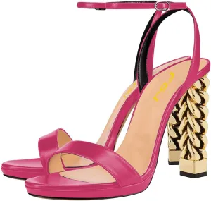 FSJ Women Gold Metal Chain Thick High Heel Sandals Open Toe Strappy Ankle Buckle Strap Slingback Comfy Summer Dress Shoes Silver Black 4-15 US