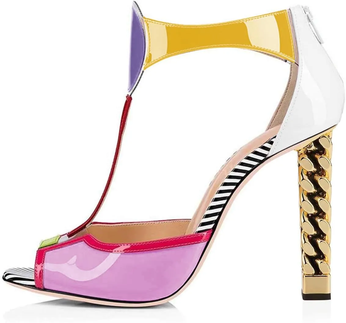 FSJ Women Multicolor Sandals Gold Metal Chain Thick High Heel Open Peep Toe T Strappy Ankle Strap Back Zipper Ladies Comfy Summer Dress Shoes 4-15 US