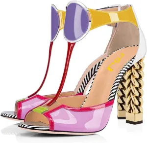 FSJ Women Multicolor Sandals Gold Metal Chain Thick High Heel Open Peep Toe T Strappy Ankle Strap Back Zipper Ladies Comfy Summer Dress Shoes 4-15 US